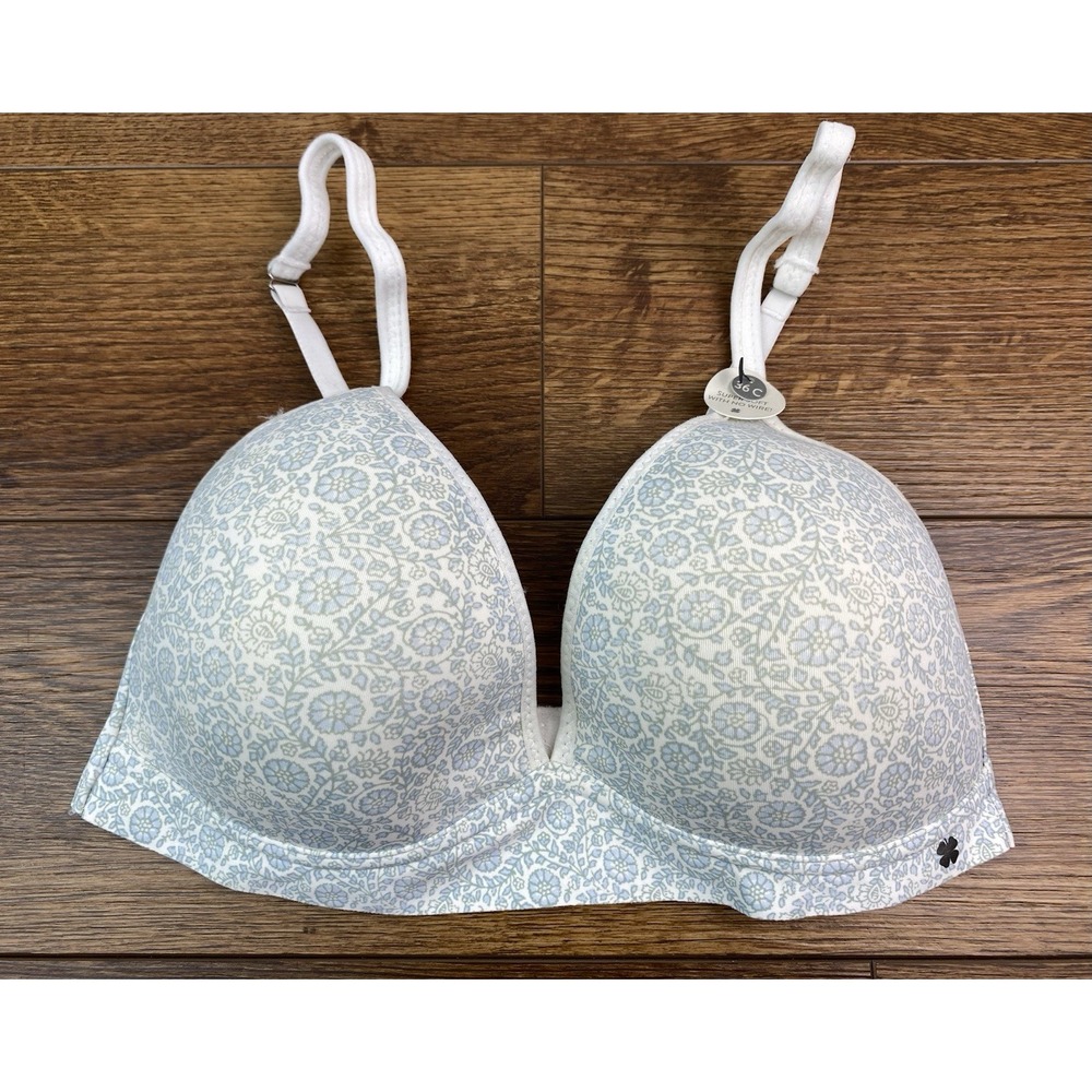 NWT Lucky Brand Women's 36C White Blue Floral Super Soft Wireless T-Shirt Bra